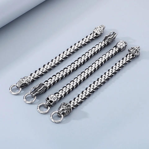 Bracciale Da Uomo In Pelle Intrecciata E Acciaio Inossidabile Animale Leone Serpente Drago Teschio Stile Gotico Punk