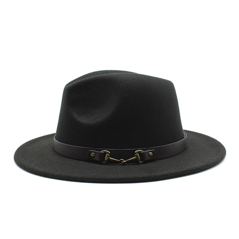 Chapeau Fedora Bord Large Coton Polyester Texture Feutre De Laine Style Rétro Britannique Ceinture Cuir Boucle Mors Métal Mode