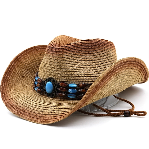 Western Cowboy Straw Hat Gradient Wide Brim Sun Protection Beach Travel Fedora With Beaded Turquoise Band And Chin Strap