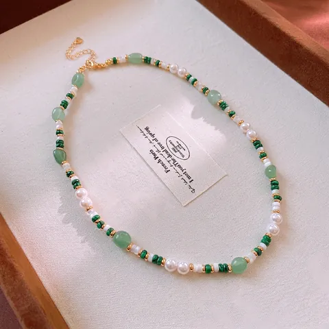 Collana Di Künstliche Perle In Malachite Naturale Con Künstliche Perle Di Conchiglia E Rame Placcato Oro Gioielli Di Lusso Francesi Vintage Per Donne