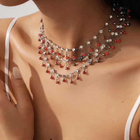 Retro Gelaagde Kwastjes Ketting Rode Heldere Steentjes IJzeren Metalen Sieraden Voor Vrouwen Boheemse Hofstijl Gunmetal
