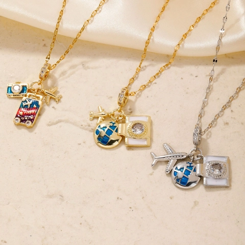 Reisethema Anhänger Halskette Kupfer Emaille Flugzeug Globus Kamera Gepäck Zirkonia Mode Schmuck Für Frauen