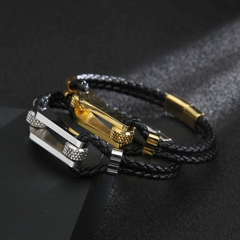 Bracciale In Pelle Intrecciata A Strati Acciaio Inossidabile Chiusura Magnetica Geometrica Gioielli Punk Uomo