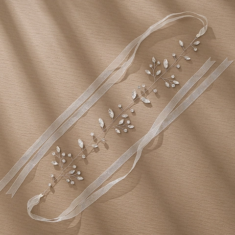 Bridal Hair Vine Headband Silver Wire Rhinestone Crystal Handmade Leaf Beaded Wedding Party Accessory With White Ribbon