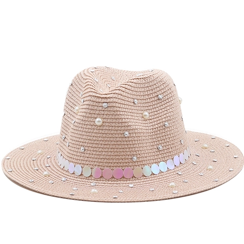 Cappello Fedora Panama In Paglia Con Künstliche Perle Strass E Paillettes Iridescenti Protezione Solare Traspirante Spiaggia Vacanze