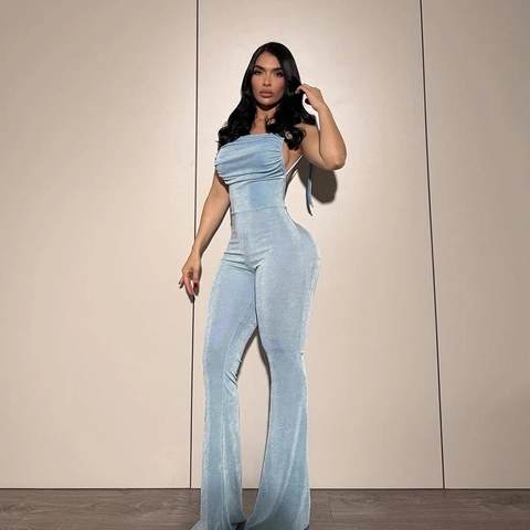 Glitter Shimmer Backless Ruched Jumpsuit Sexy Spaghetti Strap High Waist Skinny Long Pants Bodysuit For Women