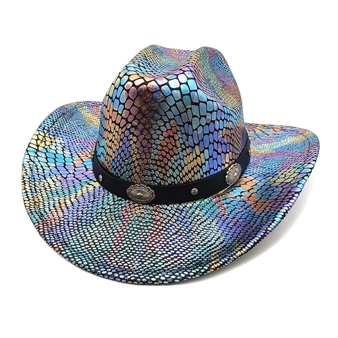 Western Cowboy Hat Holographic Snakeskin Pattern Metallic Shiny Polyester Festival Carnival Party Hat For Men Women