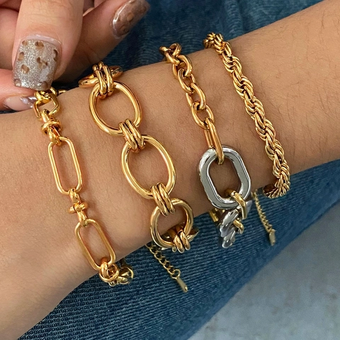 Pulsera De Cadena De Eslabones Acero Inoxidable Chapado En Oro 18K Impermeable Hipoalergénica Joyería Minimalista Mujer