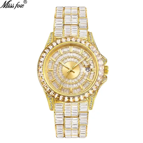 Lussuoso Orologio al Quarzo da Uomo Iced Out Full Zirconia Diamante Quadrato Impermeabile Hip Hop Lega con Data