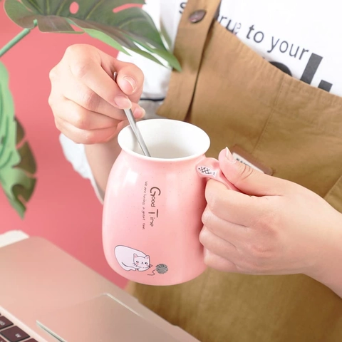 Cute Cartoon Cat Ceramic Mug With Wood Lid And Metal Spoon Coffee Milk Tea Cup Heat Resistant Office Home Gift