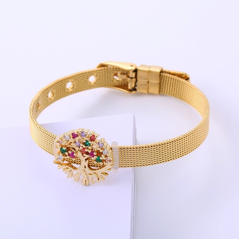 Pulsera De Malla Árbol De La Vida Acero Inoxidable 304 Pedrería Colorida Hebilla Ajustable Joyas Para Mujer