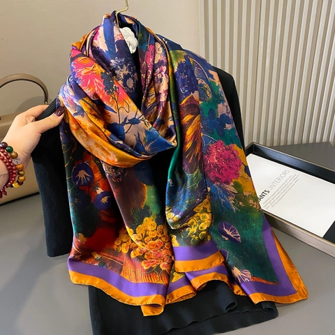 Sciarpa Lunga In Raso Con Stampa Floreale Vintage Elegante Scialle Protezione Solare Retro Per Donna Grande Avvolgimento