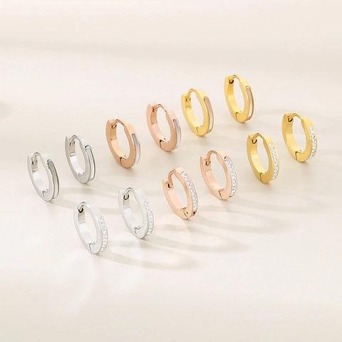 Pendientes De Aro Huggie Minimalistas De Acero Inoxidable Chapado En Oro Con Incrustaciones De Concha Blanca Y Diamantes De Imitación Para Mujer