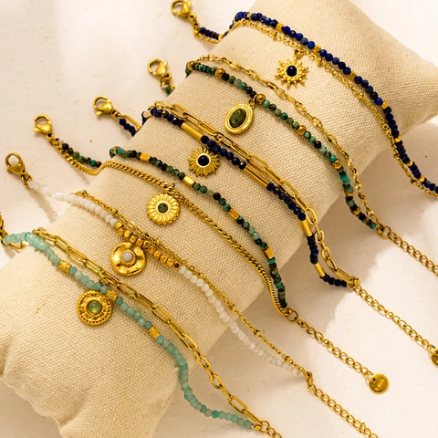 Bohemian Double Layer Bracelet Stainless Steel Natural Stone Beaded Sun Star Pendant Vintage Gold Finish Jewelry For Women