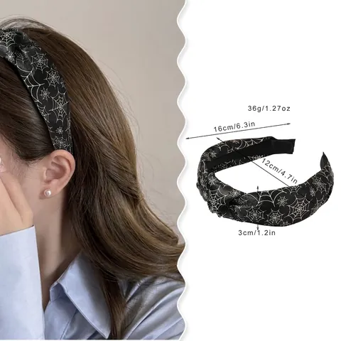 Halloween Knotted Headband Fabric Wide Hair Hoop Pumpkin Ghost Spider Web Print Festive Party Headwear For Women