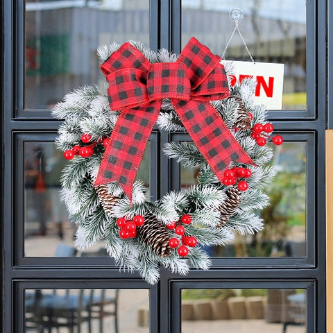 Artificial Christmas Wreath With Large Bow Red Berries Pine Cones Balls For Front Door Holiday Home Wall Decor