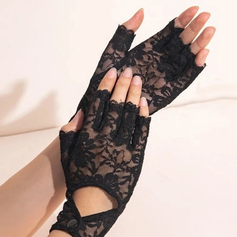 Zwarte Kant Vingerloze Handschoenen Met Knoop Uitsparing Bloemenpatroon Elegante Party Accessoires Voor Dames