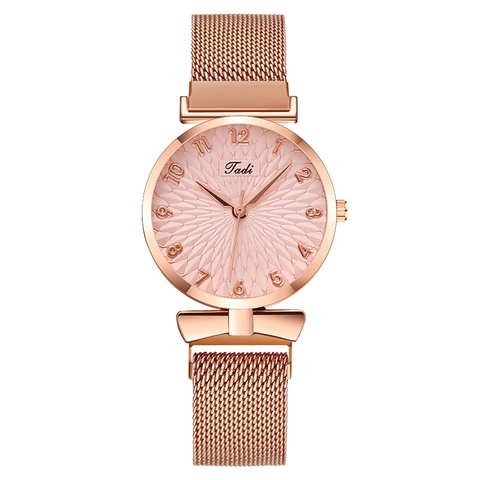 Fashion Women Quartz Watch Magnetic Buckle Milanese Mesh Metal Strap Sunflower Dial Arabic Numerals Analog Wristwatch Gift