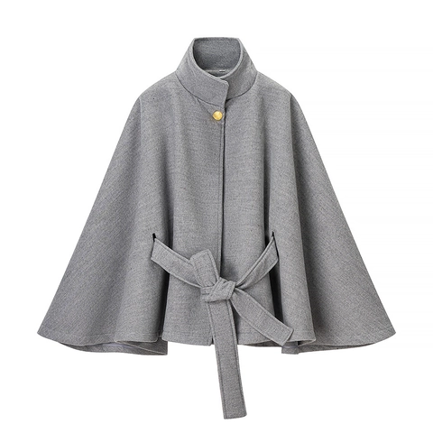 Damen Kurze Cape Mantel Wollstruktur Stehkragen Bindegürtel Poncho Jacke Elegant Ausgestellte Ärmel Goldknopf Oberbekleidung