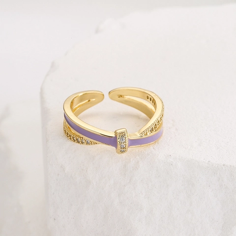 Anello Aperto Regolabile Rame Placcato Oro 18K Smalto Colorato Croce Geometrica Zirconia Gioielli Minimalisti Per Donna
