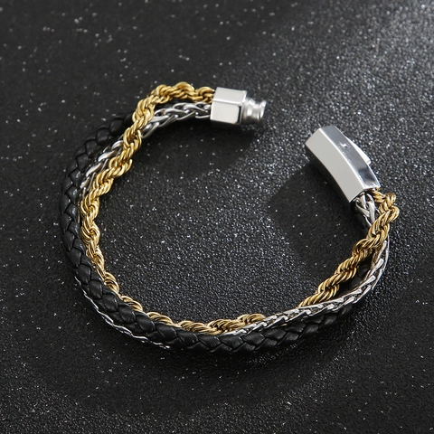 Bracciale Multistrato Da Uomo Catena In Acciaio Inossidabile Cuoio Intrecciato Chiusura Magnetica Stile Punk Accessoire