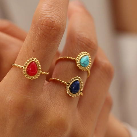 Französisch Retro 18K Vergoldet Edelstahl Wassertropfen Naturstein Offener Verstellbarer Ring Für Frauen Vintage Böhmischer Schmuck