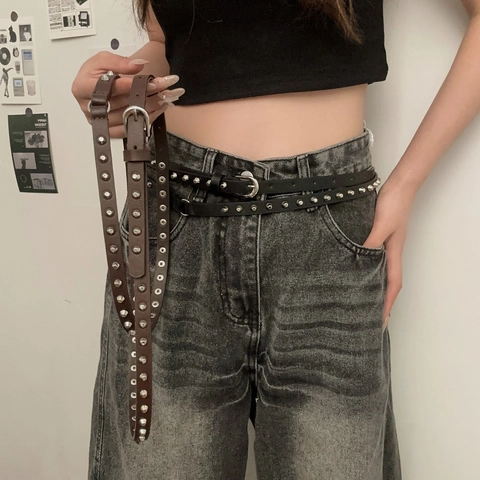 Punk Studded Belt For Women Y2K Gothic PU Leather Slim Waistband With Metal Rivets And Alloy Buckle Streetwear