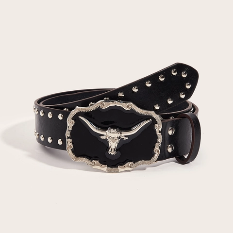Vintage Western Punk Bull Head Studded Belt For Women Men PU Leather Black Waist Belt Silver Rivet Wide Jeans Accessory