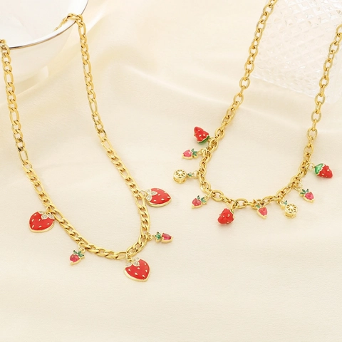 Collana Con Ciondolo Frutta Fragola Ciliegia Acciaio Al Titanio Placcato Oro Smalto Gioielli Stile Ins Dolce Per Donna