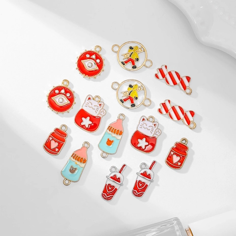 Red Enamel Alloy Charms DIY Jewelry Making For Necklaces Earrings Bracelets Cartoon Lucky Cat Candy Cup Evil Eye Style