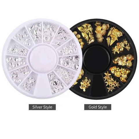 Nail Art Metal Studs Rivets Alloy Ocean Theme Shell Starfish Sea Turtle Sun Decorations Round Wheel Organizer Manicure DIY