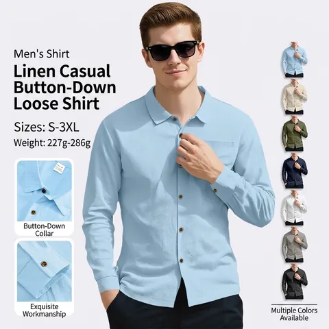 Chemise Décontractée Homme Mélange Lin Manches Longues Respirant Coupe Ample Col Revers Boutonné Avec Poche Bureau