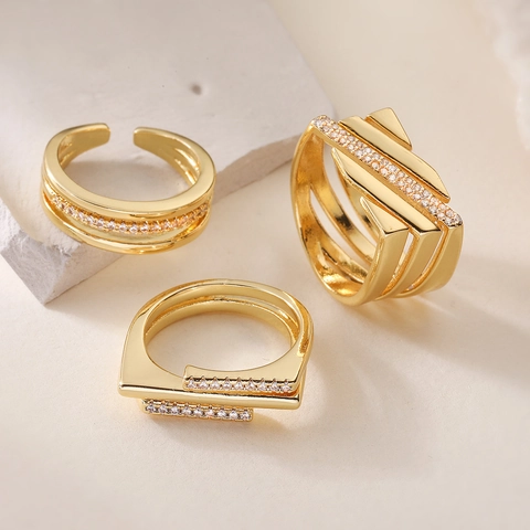Geometric Open Rings Copper Gold Plated Zircon Multi Layer Adjustable Retro Fashion Jewelry For Women