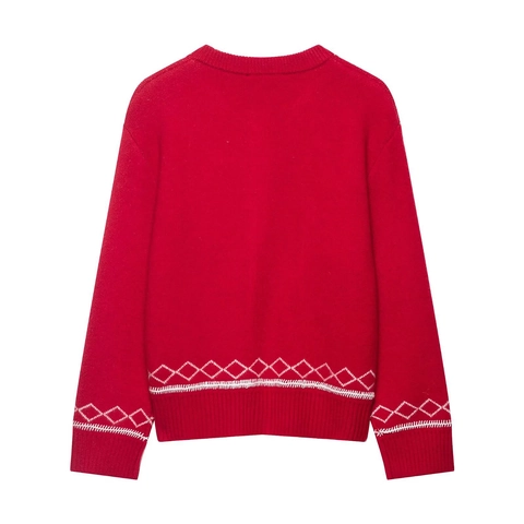 Red Knit Cardigan Women Horse Embroidery Round Neck Long Sleeve Button Down Sweater With Pocket Casual Chic