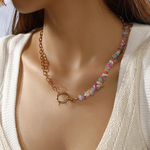 Boheemse Natuursteen Turquoise 304 Roestvrijstalen Halsketting Voor Dames Ins Stijl Onregelmatige Kristallen Schakelketting Choker Sieraden