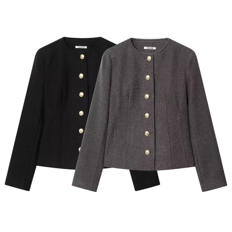 Veste Courte En Tweed Vintage Pour Femme Col Rond Boutonnage Simple Boutons Dorés Coupe Slim Manches Longues Manteau
