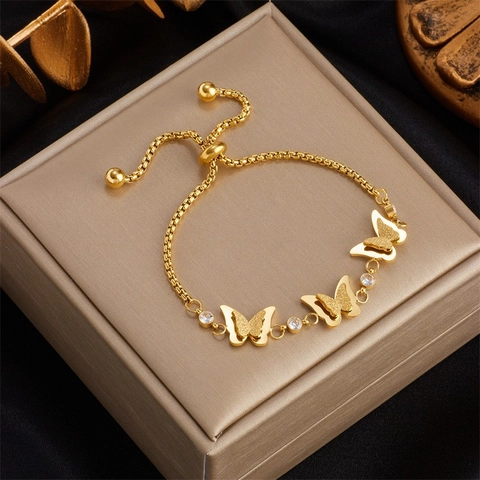 Gold Titanstahl Schmetterling Armband Für Damen Einfache Mode Verstellbare Kette Armband Mit Strass Vintage Schmuck Geschenk