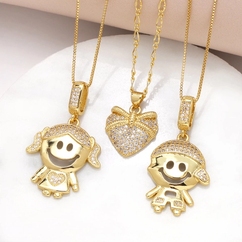 Collana con Pendente a Cuore Ragazzo Ragazza Cartone Animato in Rame Placcato Oro Zirconia Gioielli Catena Clavicola