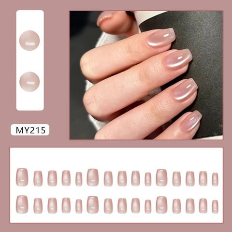 Roze Bruin Cat Eye Press On Nails Squoval Zoet Minimalistisch Modieus ABS Kunststof Kunstnagels Voor Vrouwen