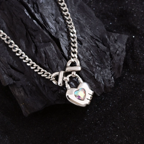 Collier Vintage en Cuivre Plaqué Argent Avec Pendentif Serrure Cœur Strass Irisé Nœud Chaîne Gourmette Bijoux Femme