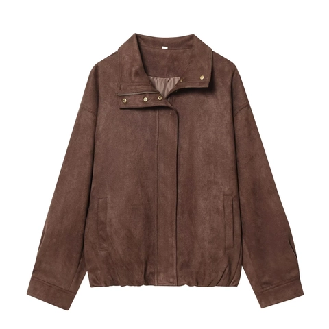 Vintage Damen Wildlederjacke Langarm Stehkragen Reißverschluss Lässiger Amerikanischer Stil Oberbekleidung