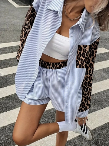 Completo Due Pezzi Donna Camicia E Pantaloncini Righe Leopardo Patchwork Casual Streetwear Manica Lunga