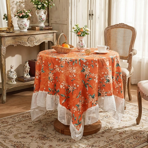 Mantel Vintage Francés Con Borde De Encaje Poliéster Rectangular Y Redondo Cubierta Decorativa Para Mesa De Comedor