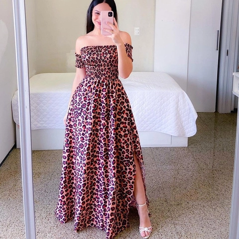 Dames Maxi-Jurk Met Blote Schouders Polyester Bloemenprint Luipaard Elastische Taille Zijsplit Zomer Strand Vakantie Boho