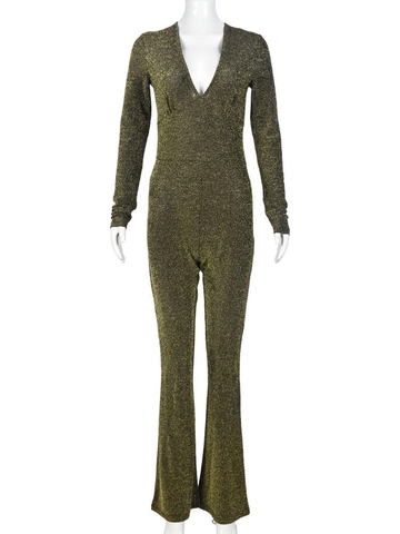 Damen Jumpsuit Mit Tiefem V-Ausschnitt Langarm Glitzer Ausgestelltem Bein Schimmernd Sexy Party Clubwear