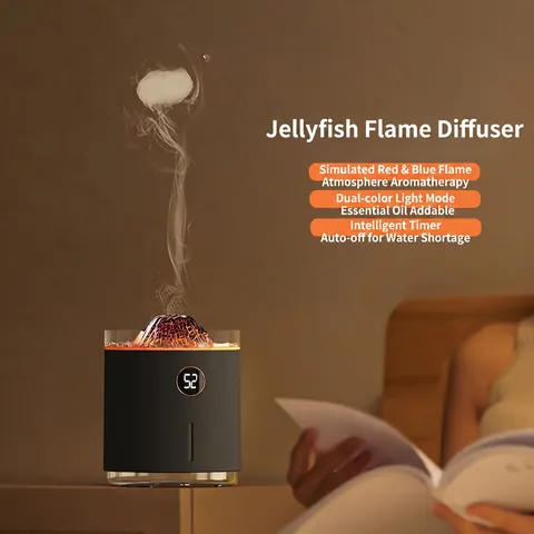 Volcano Essential Oil Diffuser Ultrasonic Mist Humidifier Jellyfish Flame Atmosphere Light USB Quiet Home Office Bedroom