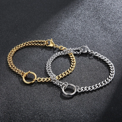 Stainless Steel Splicing Chain Bracelet Asymmetrical Double Layer Cuban Link Hip Hop Jewelry For Men Women