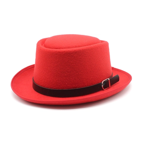 Retro Pork Pie Hat Wool Felt Flat Top British Style Unisex Dress Hat With Belt Buckle Elegant Casual