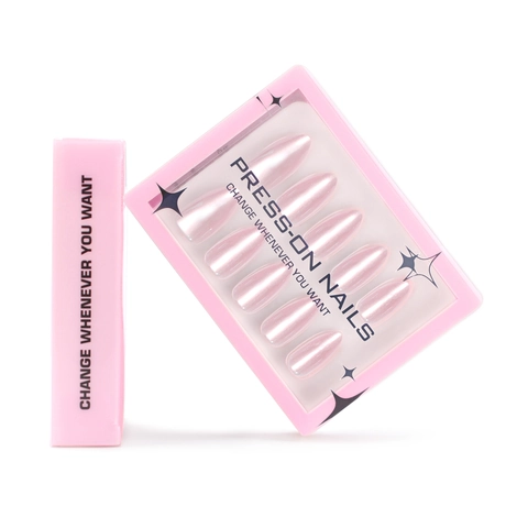 Press On Nagels Amandelvorm Kunstparelmoer Roze Kattenoog Effect Elegante Kunstnagels