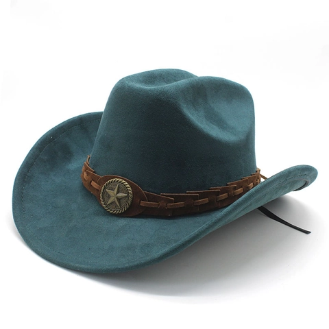Cappello Da Cowboy Western Scamosciato Sintetico Feltro Tesa Larga Decorazione Stella Stile Retro Viaggio Uomo Donna